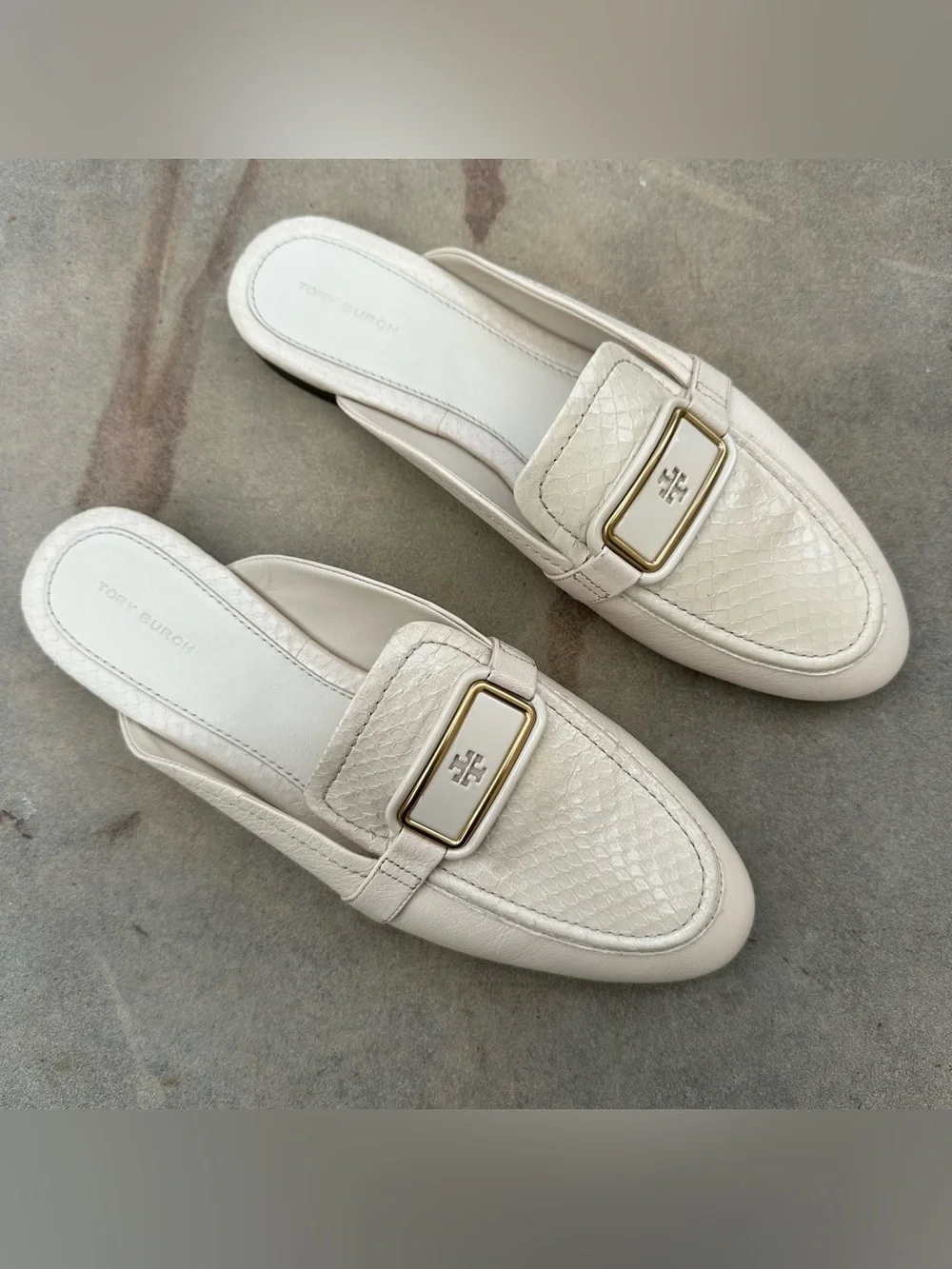Tory Burch Georgia Backless Loafer Mules Cream Snake Embossed Logo Buckle NEW 10